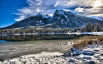 Winter Lake, Bavarian Alps, Germany, ice, snow, clouds, germany, landscape, sky, mountains HD wallpaper