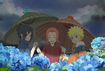 Friends, blond hair, uzumaki naruto, haruno sakura, young, blonde hair, uchiha sasuke, black eyes, rain, blue eyes, smile, pink hair, black hair, anime, naruto, flowers, manga, child HD wallpaper