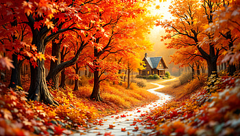 Autumn Glow — Fall Colors, fall colors, Autumn, forest, cottage, path HD wallpaper