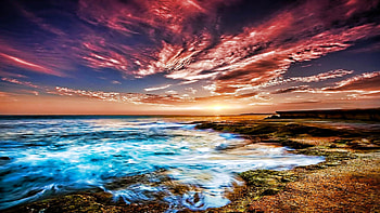 Colorful Scenery, awesome, sunrise, nice, day, waves, scenery, amazing, water, sunsets, beautiful, stones, rock, landscapes, cool, clouds, sky HD wallpaper