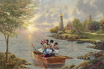 Lighthouse Cove, boat, sea, lighthouse, art, disney, minnie mouse, summer, thomas kinkade, mickey mouse, fantasy, painting, pictura, couple, water, sunset, vara HD wallpaper