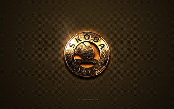 Skoda golden logo, artwork, brown metal background, Skoda emblem, Skoda logo, brands, Skoda HD wallpaper