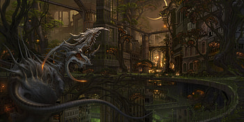kazamasu uchio, moon, dragon, building, water, tree HD wallpaper