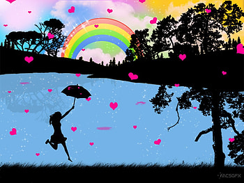 Raining Pink Hearts, umbrella, rainbow, hearts, pink and yellow sky, woman, tree HD wallpaper