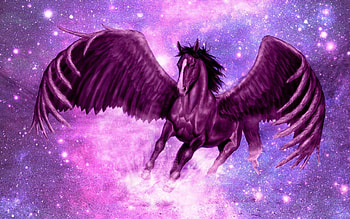 Pegasus, blue, animal, wings, horse, stars, purple, pink, feather, fantasy, fly, sky, creature HD wallpaper