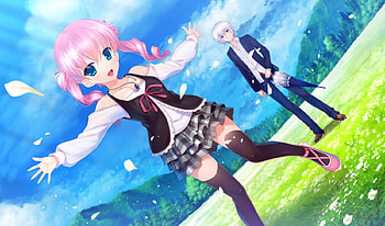So beautiful, umbrella, awesome, purple hair, nice, cg, petals, short hair, female, sweet, blue eyes, smile, twintail, pink hair, anime girl, anime, pretty, green eyes, lover, cute, long hair, beauty, coiple, game, male, skirt, beautiful, cool, clouds, sky, flowers, blush, forest, anime boy HD wallpaper