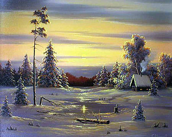 G. Avanesov, winter, art, house, g avanesov, tree, painting, snow, sky, sunset HD wallpaper