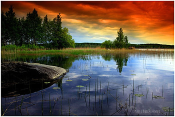 Beautiful sunset, blue, green, red, clouds, trees, sky, forest, lake HD wallpaper