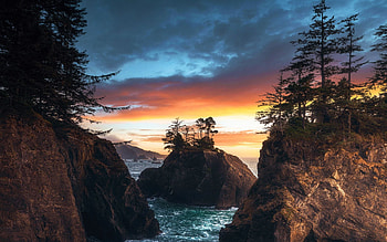 Sunset at the Oregon Coast, sea, clouds, trees, colors, sky, rocks, usa HD wallpaper