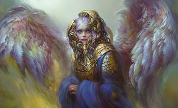 Archangel, wings, blue, frumusete, art, gorgeous, girl, angel, marina zautorova, superb, yellow, arcanghel, luminos HD wallpaper