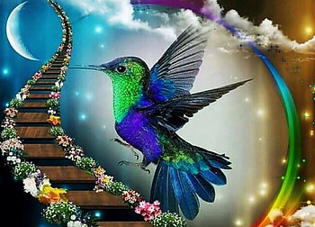 Hummingbird's Path, art, bird, blossoms, stairs, digital, moon HD wallpaper