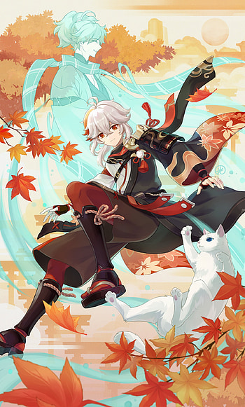 Kazuha & White Cat: Autumn Breeze — Genshin Impact , cat, Kaedehara Kazuha (Genshin Impact), video game, Genshin Impact HD phone wallpaper