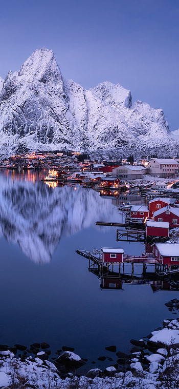 Lofoten Fjord Twilight — Snowy Mountain Village, Norway, mountain, village, graphy HD phone wallpaper