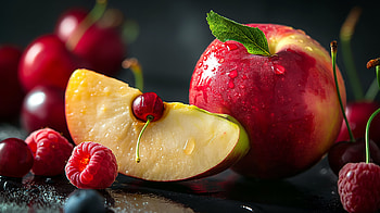 Quad Macro: Dewy Apple & Berries, macro, apple, fruit HD wallpaper