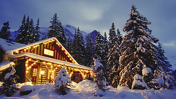 Lighted Cabin in Winter Forest, winter, Woods, forest, cloud, tree HD wallpaper