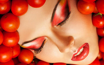 Red as tomato, makeup, face, tomato, woman HD wallpaper