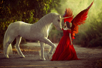 Red Angel and Unicorn, digital, art, fantasy, , unicorn, angel, girl, woman, beautiful HD wallpaper