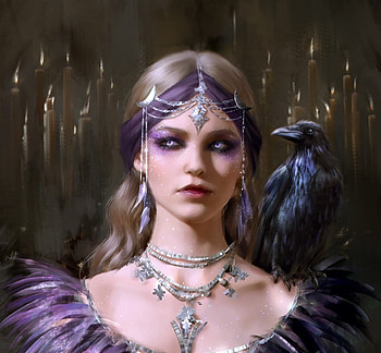 Sorceress, helena cnockaert, witch, blue, bird, art, girl, purple, jewel, raven, fantasy HD wallpaper
