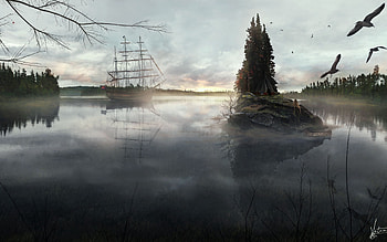 Nature, Birds, Sea, Wood, Tree, Island, Haze, Ship, Creepy, Tent, Islet HD wallpaper