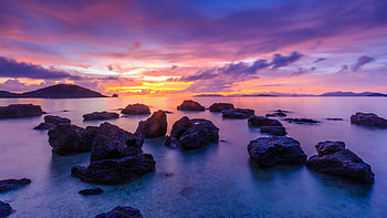Rock Stones On Water Landscape View Of Mountain Under White Clouds Blue Sky During Sunset Nature HD wallpaper