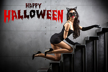 Happy Halloween from Cat Woman, dress, brunette, sexy, halloween, model, high heels, cat HD wallpaper