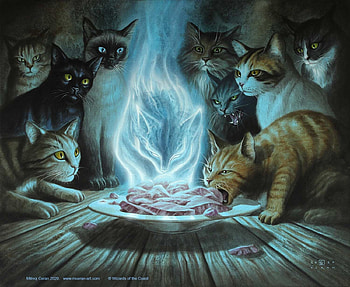 Can't stay away, blue, magic, art, cat, food, mceran, pisici, fantasy, milivoj ceran HD wallpaper