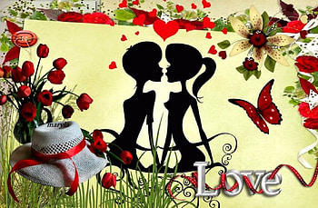 kiss for you, girl, tulips, boy, love, red, couple, flowers, kiss, hat HD wallpaper