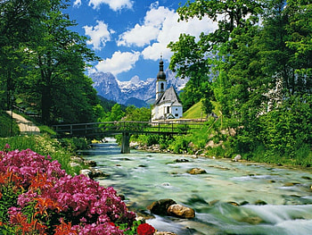 Bavarian Alps, blue, river, creek, chapel, church, nice, tower, trees, greenery, europe, beautiful, grass, bavaria, stones, mountain, summer, pretty, green, germany, bridge, clouds, nature, sky, flowers, alps, lovely, stream HD wallpaper
