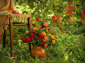 a beautiful garden of flowers and apples, chair, still life, apples, pitcher, vase, flowers, grass, tree HD wallpaper