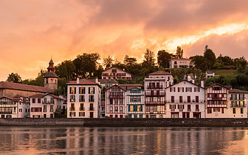 Ciboure, evening, sunset, Nivelle River, Ciboure cityscape, buildings, France HD wallpaper