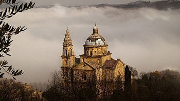 wonderful hillside italian church in fog, fog, hills, dome, church HD wallpaper