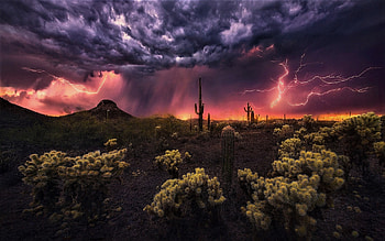 desert storm, lightning, desert, sky, storm HD wallpaper