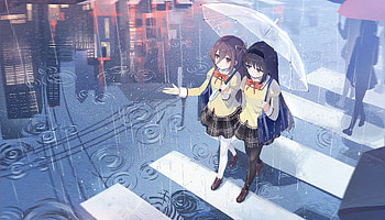 Rainy day by MORI森, Homura Akemi, Puella Magi Madoka Magica, rain, umbrella, girl HD wallpaper