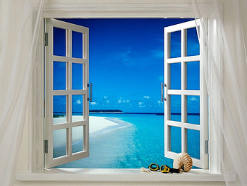 A Cool Breeze, curtians, breeze, window, beach HD wallpaper