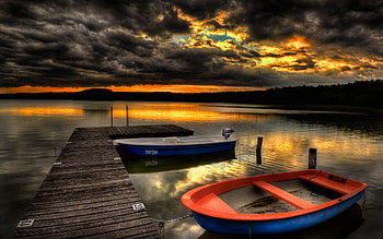 Sunset, island, river, boat, colorful, colors, pier, dusk, beauty, twilight, earth, reflection, boats, trees, water, dock, landscape, beautiful, lake, stormy, personal, mirrored, view, clouds, nature, sky, lovely, storm HD wallpaper