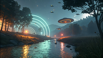 Stream: Futuristic Nightscape with Hovering UFOs, stream, UFO, flying saucer, forest, river HD wallpaper