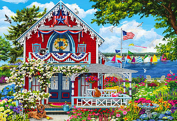 Summer Welcome, dog, boats, cats, trees, flowers, flag, cabin, lake, birds HD wallpaper