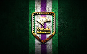 Unicaja Baloncesto, golden logo, ACB, green metal background, spanish basketball team, Unicaja Baloncesto logo, basketball, Unicaja Baloncesto Malaga HD wallpaper