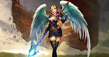 Beautiful Angel, wings, sceptre, blue dress, beautiful, angel HD wallpaper