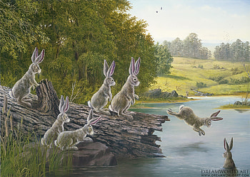 The swimming hole, water, lake, rabbit, vara, art, robert bissell, summer, bunny, painting, fantasy, pictura HD wallpaper