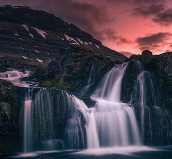 Waterfall, clouds, nature, sunset HD wallpaper