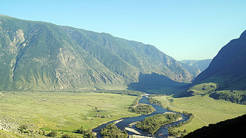 fantastic river valley, river, grass, mountains, valley HD wallpaper