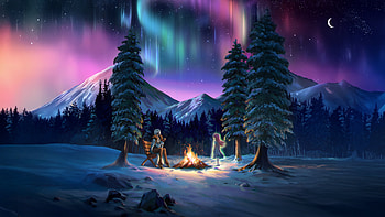 Emberfire, artist, artwork, art, digital-art, trees, mountains, aurora, artstation HD wallpaper