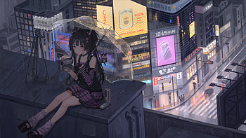 Anime Girl With Umbrella Sitting On Roof Top, artist, artwork, art, digital-art, anime-girl, umbrella, pixiv HD wallpaper