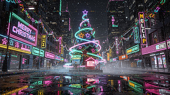 Neon Christmas — Cyber Holiday Boulevard, Christmas Tree, Street, Cyberpunk HD wallpaper