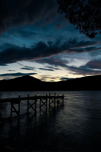 Nature, Sunset, Mountains, Pier, Silhouette HD phone wallpaper