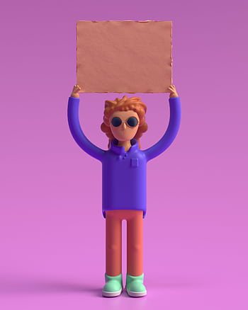 Colorful 3D character holding a blank cardboard sign on purple background. Fun and conceptual artwork. HD phone wallpaper