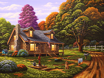 Country Road, cabin, artwork, dog, painting, pump, blossoms, trees HD wallpaper