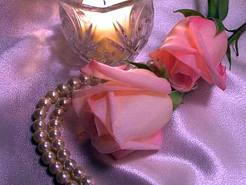 Satin, pink, roses, candle, pearls HD wallpaper