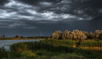 Storm light, river, storm, cloud, tree HD wallpaper